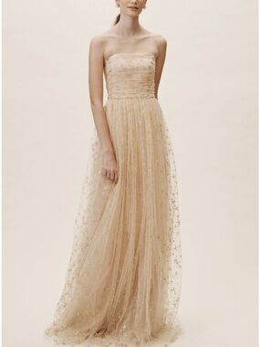 Anthropologie BHLDN Strapless Star-Embellished Tulle Gown in Gold